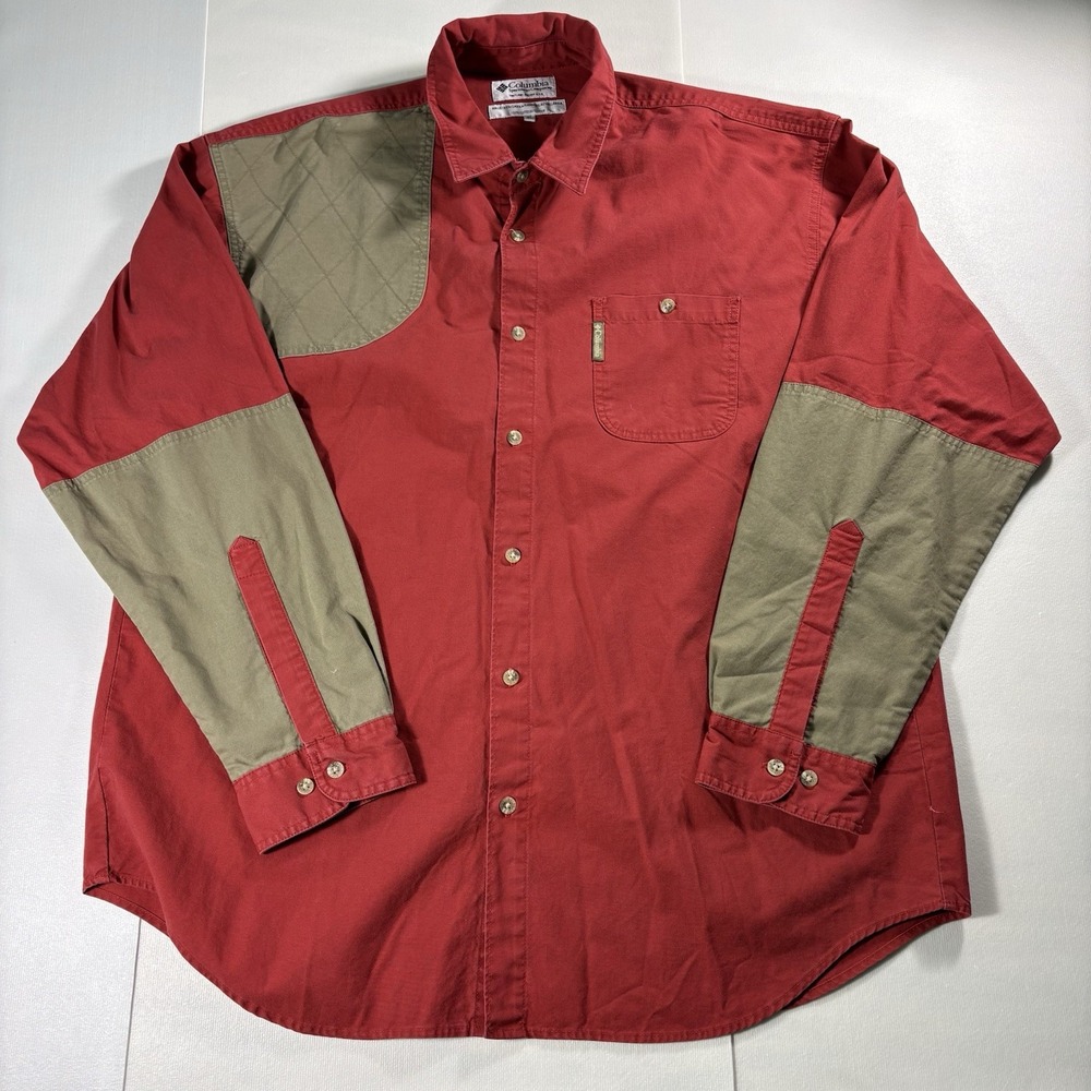 Columbia Sportswear Men XL Hunting Shooting Shirt Red Tan Quilted Shoulder Patch